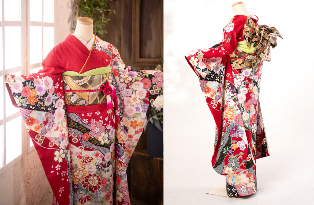 5.赤色舞花文 ナナメの角度も美しい!!(帯:唐織誰が袖花蝶文金糸)