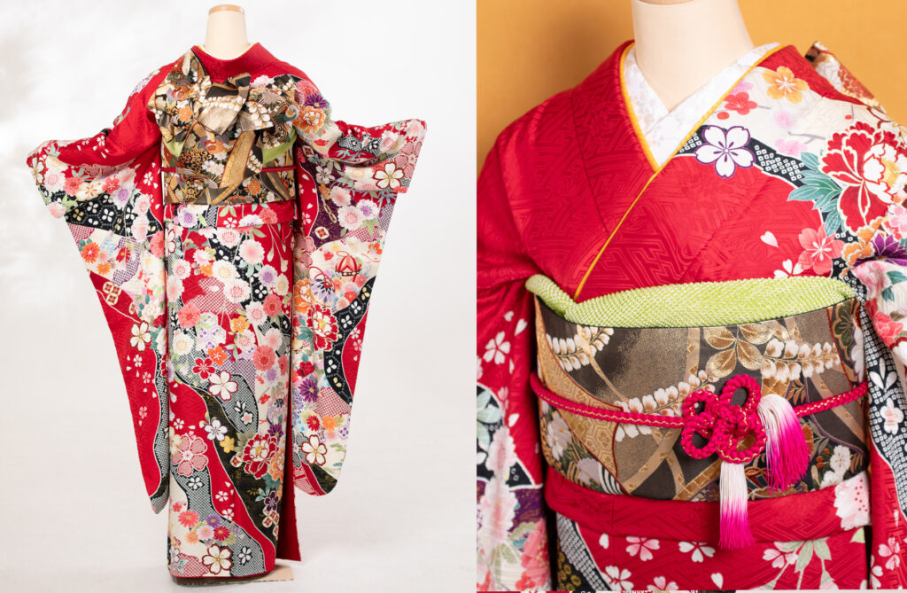 5.赤色舞花文 アシンメトリーの帯揚げもカッコイイ♡(帯:唐織誰が袖花蝶文金糸)
