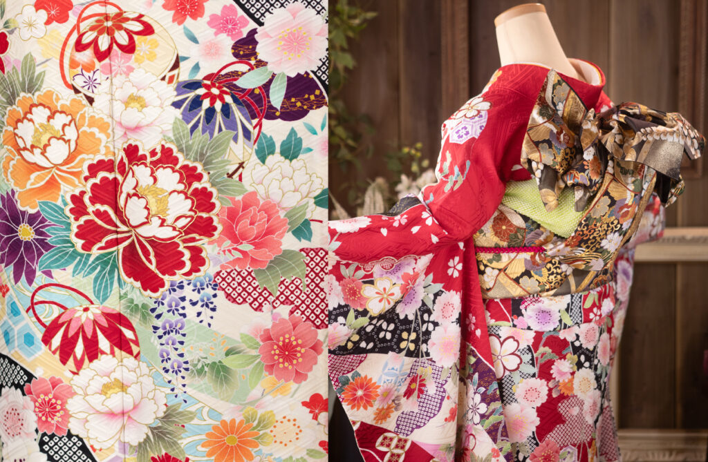 赤色舞花文 帯結びはキリッと粋ですね!(帯:唐織誰が袖花蝶文金糸)