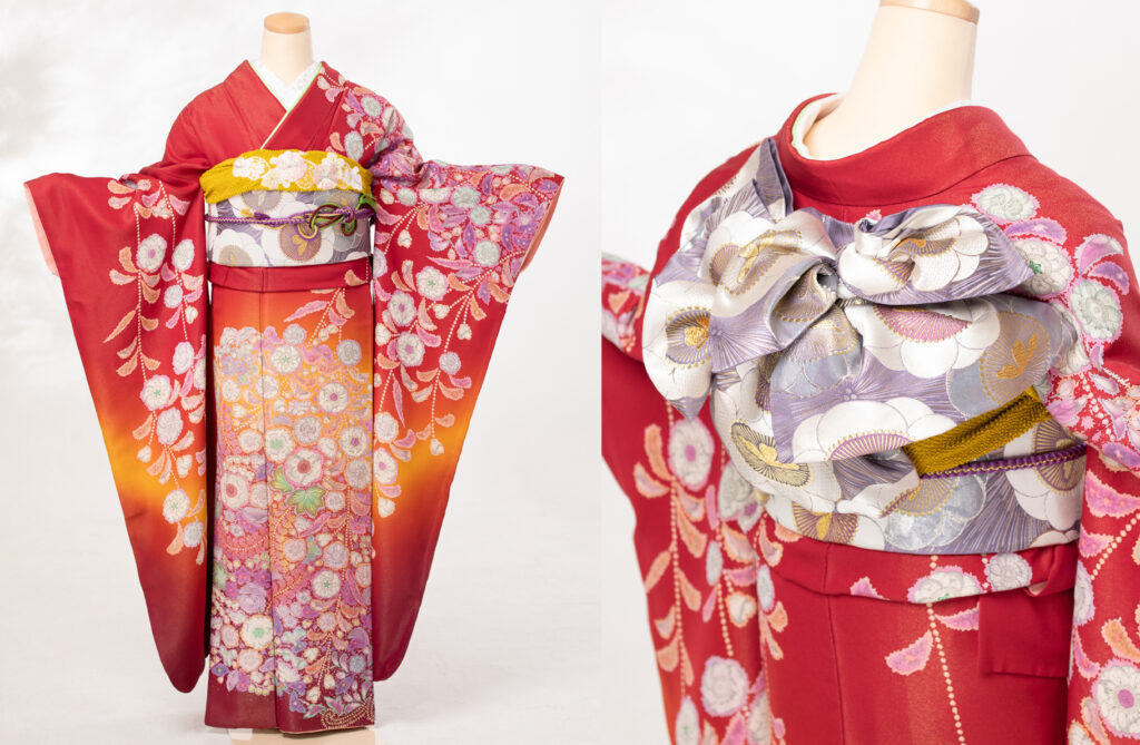 14.紅赤辻が花 落ち着いた赤の可愛い振袖です(帯:松葉花文金銀糸 )