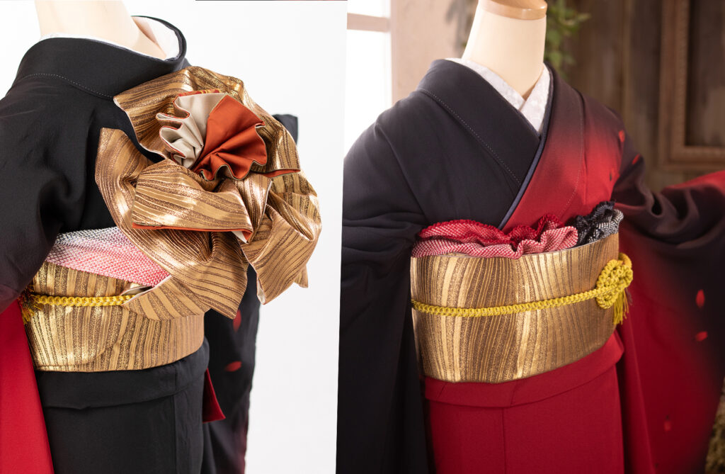 12.深紅大輪花文 帯結びも大輪のお花咲いてます!花弁もありますね (帯:万津羅錦金糸)