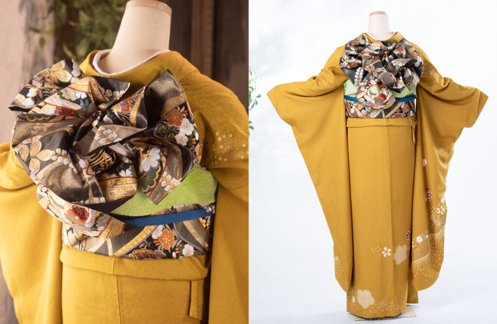 6.芥子色駒刺繍舞花文 ボリューム感の可愛い帯結びがシンプルな着物と相性◎(帯:唐織誰が袖花蝶文金糸)