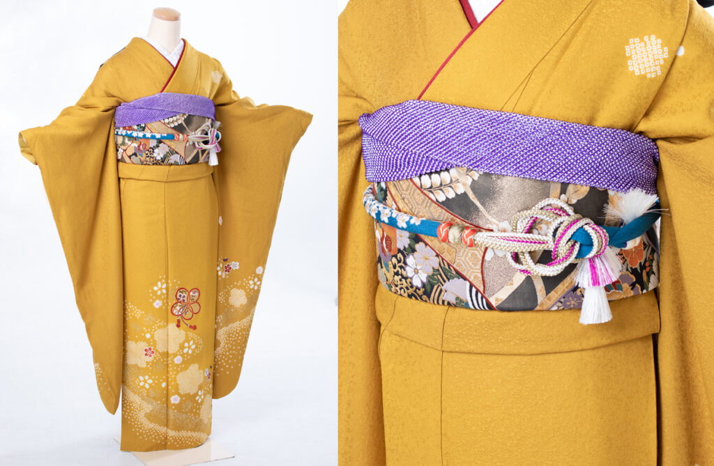 6.芥子色駒刺繍舞花文 和モダンテイスト 帯締めもかわいい!!
