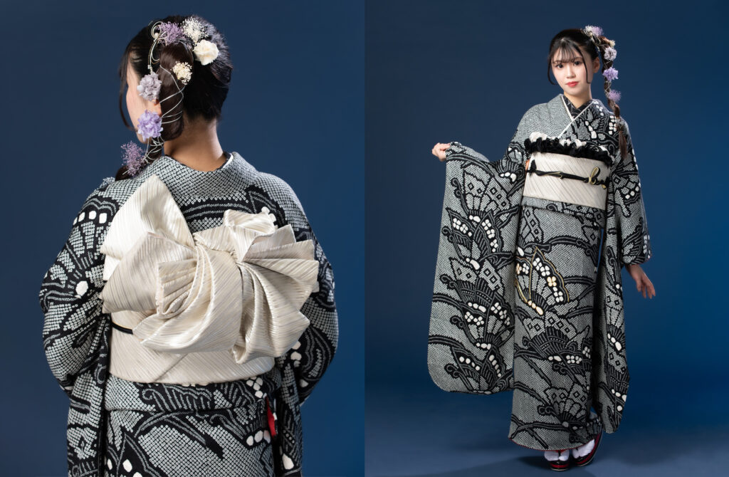 成人式前撮りにご利用いただける、フォトスタジオ21の振袖　1.黒総絞り蝶々文