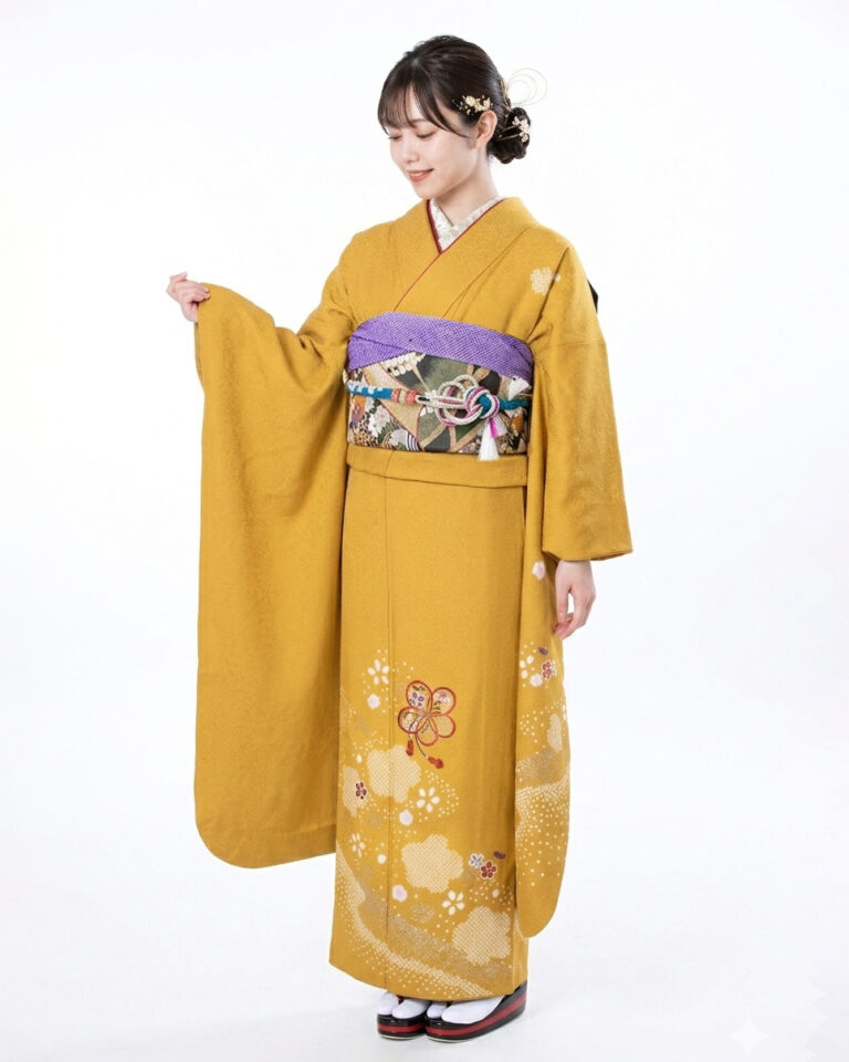 7.芥子色駒刺繍舞花文　